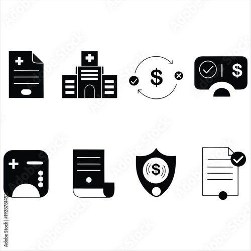 Modern hospital billing and medical finance icons for healthcare payment and insurance.