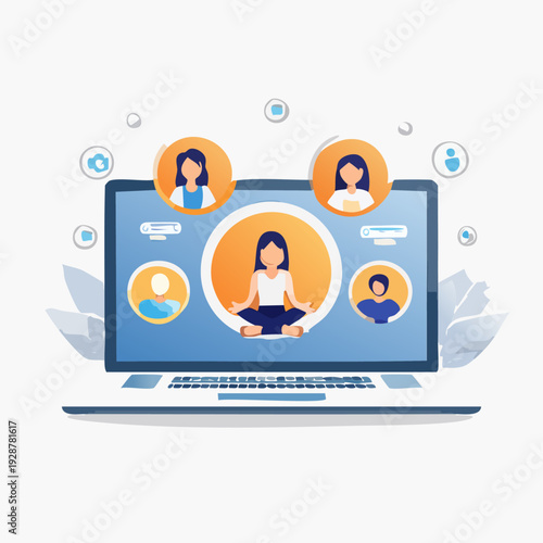 Online Group Meditation and Yoga Class Session on a Laptop.