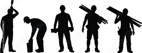 Construction workers carrying materials silhouette set isolated on white background industrial labor vector illustration
