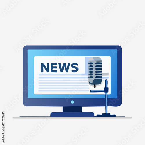 Online News Broadcast on Computer Screen with Microphone.