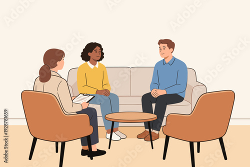 Couple discussing issues with therapist in modern therapy office  