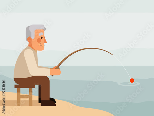 Elderly man fishing while sitting on a stool by the seaside  