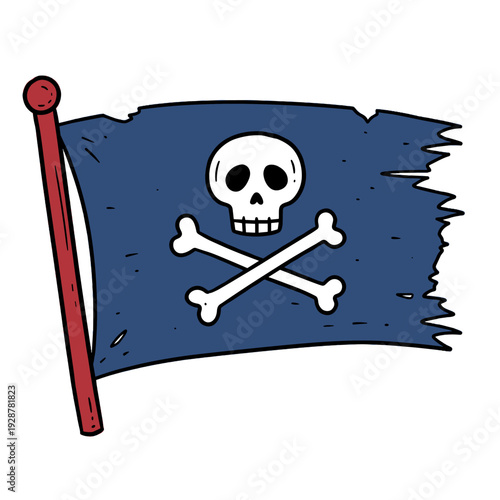 Pirate flag with skull and crossbones on blue background  