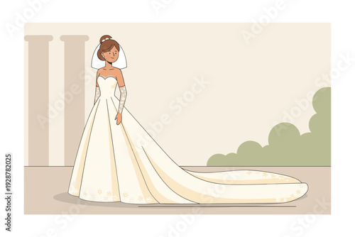 Bride wearing a long train wedding dress in a minimalist setting  