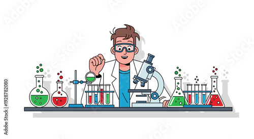 Smiling scientist working with colorful chemicals in laboratory setting