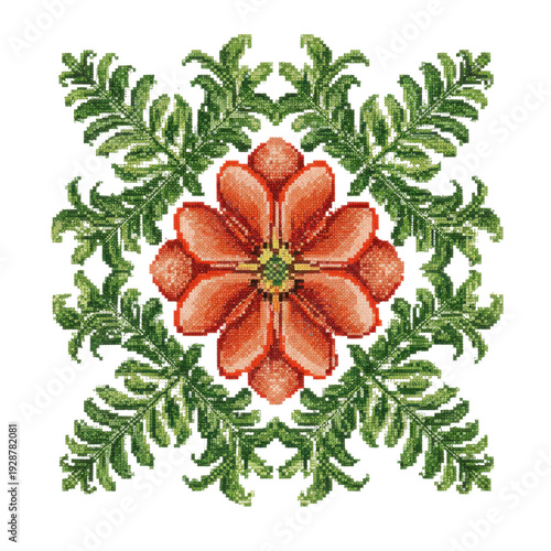 Pixelated floral design red flower with green ferns in square arrangement isolated on white background