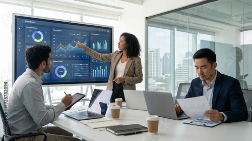 Business professionals analyzing financial data on a large digital screen during a corporate meeting showcasing teamwork and strategic planning