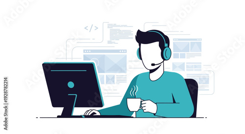 Customer support agent working at computer with headset and coffee