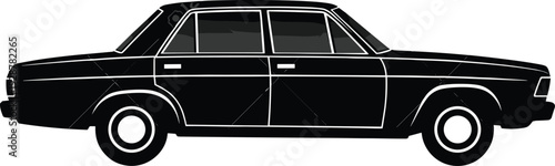 Minimalist black silhouette of a vintage classic sedan car, isolated four door automotive icon for retro transportation, vehicle history, and urban traffic design projects.