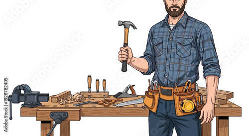 Handyman with hammer standing by workbench with carpentry tools