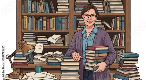 Smiling woman surrounded by stacks of books in cozy library setting