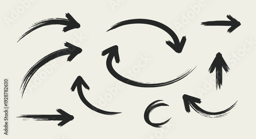 Collection of Hand Drawn Brush Stroke Arrows in Black.