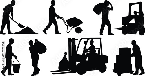 Construction workers with wheelbarrow, forklift and materials silhouette set isolated on white background vector illustration