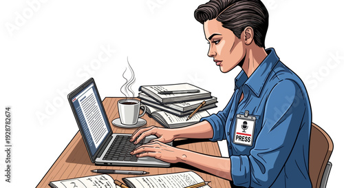 Female journalist working diligently on laptop with press badge
