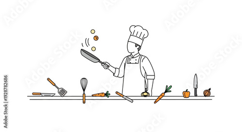 Chef expertly cooking with various kitchen utensils and fresh vegetables