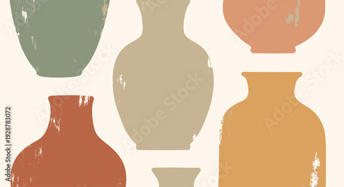 Collection of six diverse ceramic vases in muted earthy tones.