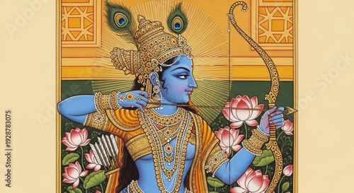 Hindu deity krishna with bow and arrow in traditional indian attire surrounded by lotus flowers and peacock feathers