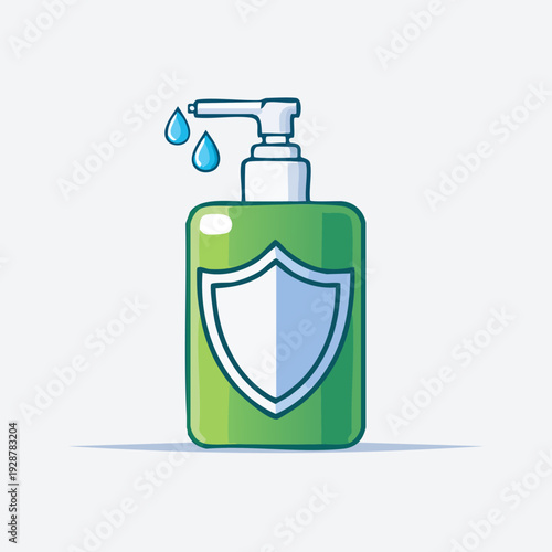 Green hand sanitizer bottle with shield symbol for protection.