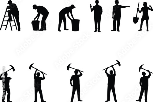 Manual labor silhouettes, ladder climbing, bucket lifting, pointing gesture, shovel usage, pickaxe mining, excavation work, industrial site, teamwork artwork