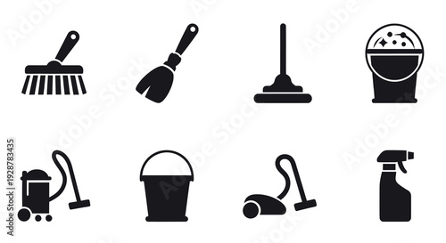 Cleaning service equipment icons with vacuum cleaner broom and bucket
