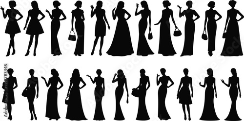Women fashion silhouettes, elegant dresses, stylish outfits, handbag accessories, modeling poses, chic attire, runway inspiration, modern style artwork design
