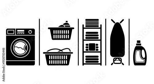 Laundry room equipment with washing machine baskets and ironing board