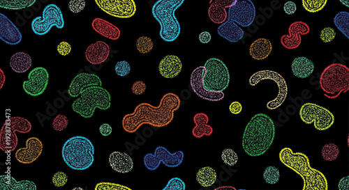 Colorful abstract organic shapes and cells on black background.