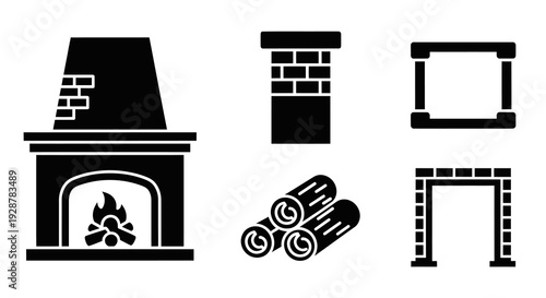 Fireplace And Firewood Icons With Brick Chimney And Stone Arch