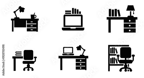 Collection of office desk workstation and workspace furniture silhouette icons