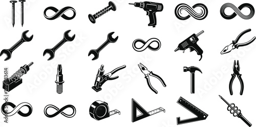 Large collection of black and white vector silhouettes featuring various hardware tools like hammers, wrenches, pliers and infinity symbols for industrial repair and DIY projects.