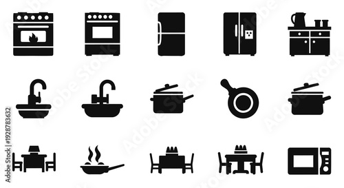 Kitchen Appliances and Dining Furniture Icon Set for Interior Design