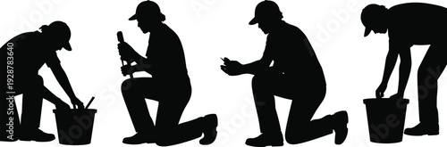 Worker silhouettes, kneeling labor, bucket usage, tool handling, repair tasks, manual maintenance, construction activity, industrial site, occupational artwork design