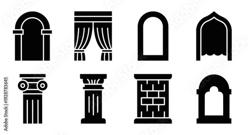 Classic Architectural Arch Window and Column Icons Collection Set Silhouette