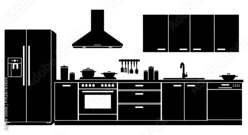 Modern Kitchen Interior Set with Fridge Oven and Cabinet Silhouette