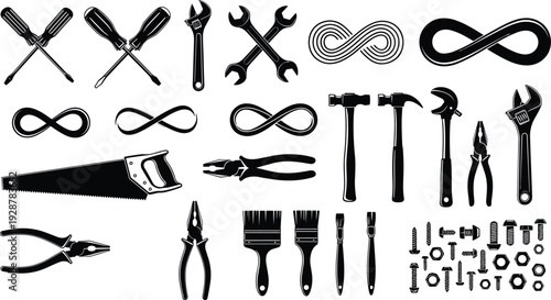 Large collection of black and white vector silhouettes featuring various hardware tools like hammers, wrenches, saws and infinity symbols for industrial repair and DIY projects.