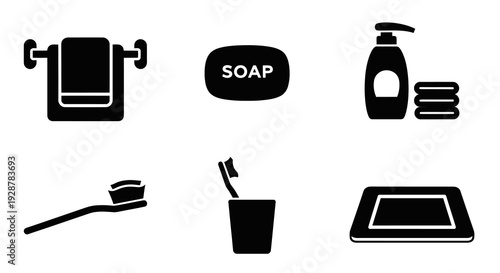 Bathroom Hygiene Accessory Icon Set With Soap Towel And Toothbrush