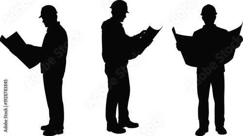 Construction planning silhouettes, blueprint reading, engineering design, architecture teamwork, hard hat safety, project management, industrial site, occupational artwork illustration