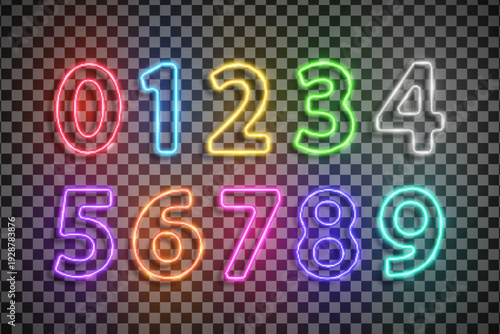 Colored numbers font made with led neon tube isolated on transparent background. Light glowing effect numbers. Detailed vector illustration