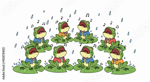 Choir Of Frogs On Lily Pads Singing Together.