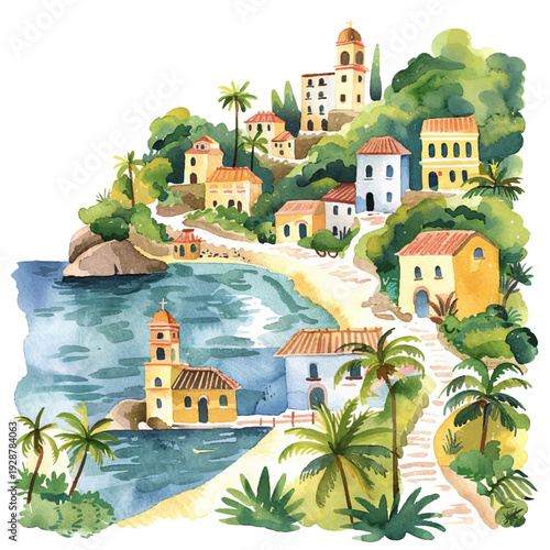 city on the coast hand drawn vector illustration