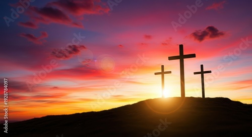 Easter sunrise with three crosses symbolizing resurrection and hope