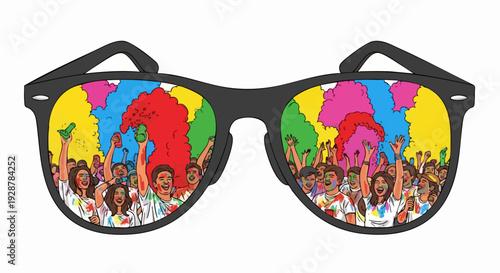 Colorful Sunglasses Reflect a Lively Crowd.