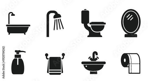 Bathroom Sanitary Icons Set With Bathtub Toilet And Sink Faucet