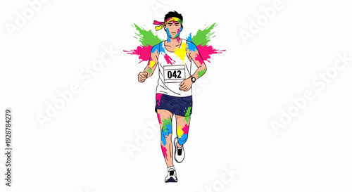 Colorful winged runner celebrating finish line.