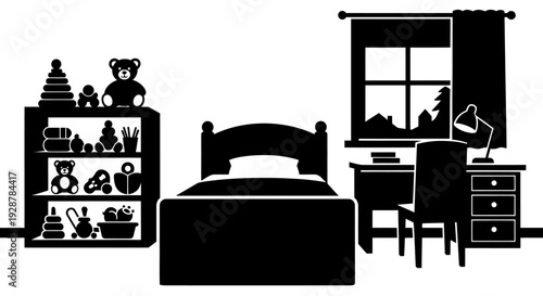 Cozy Children Bedroom Interior with Bed Desk and Toy Shelf