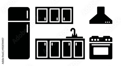 Modern Kitchen Interior Furniture and Cooking Appliance Icon Set