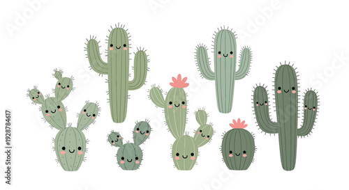 Cute Cartoon Cacti Collection with Faces.