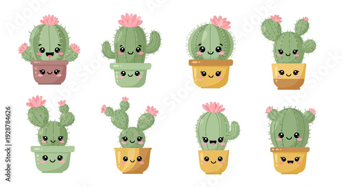 Cute Cartoon Cacti in Pots Collection.