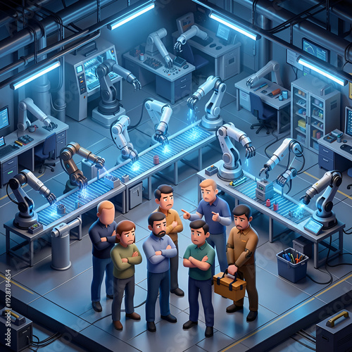 Factory Automation Illustration - Robots Working Efficiently While Worried Worker Avatars Watch, Job Replacement Concept