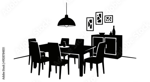 Dining Room Interior Silhouette With Table Chairs Cabinet And Lamp